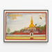 Dekorativ plakat af Buddha med gyldent stupa og lao-tekst — indrammet kunstværk på væggen
