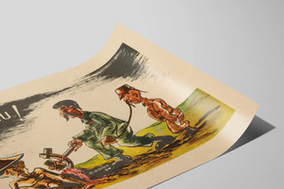 Satirisk vintage plakat: militær karikatur og dominationsscene — visning af kunstværket