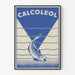 Vintage blå plakat Calcoleol med stiliseret fisk