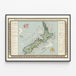 Gammel kort over New Zealand – MacDonald Gill, 1931, vist i en tynd ramme på en lys væg.