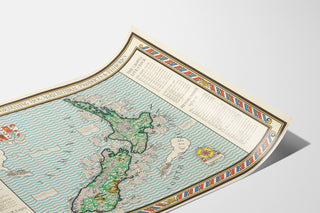 Gammelt kort over New Zealand – MacDonald Gill, 1931, vist på et buet ark, perspektivisk set.