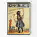 Vintage reklameplakat for chokolade Menier med pige, der skriver på tavlen