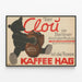 Vintage plakat med bjørn og café Kaffee Hag — indrammet kunstværk på væggen