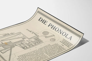Teknisk plakat vintage Die Phonola - Illustreret mekanisk diagram i sort og hvid