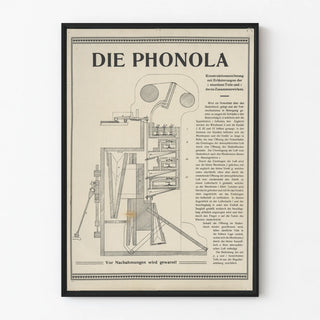 Teknisk plakat vintage Die Phonola - Illustreret mekanisk diagram i sort og hvid