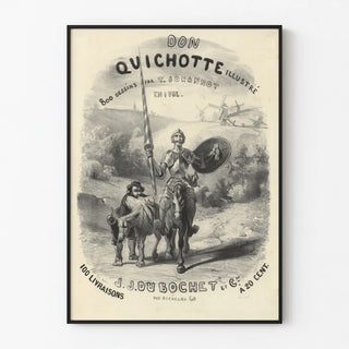 Plakat Don Quichotte illustreret af T. Johannot, sort-hvid vintage tegning