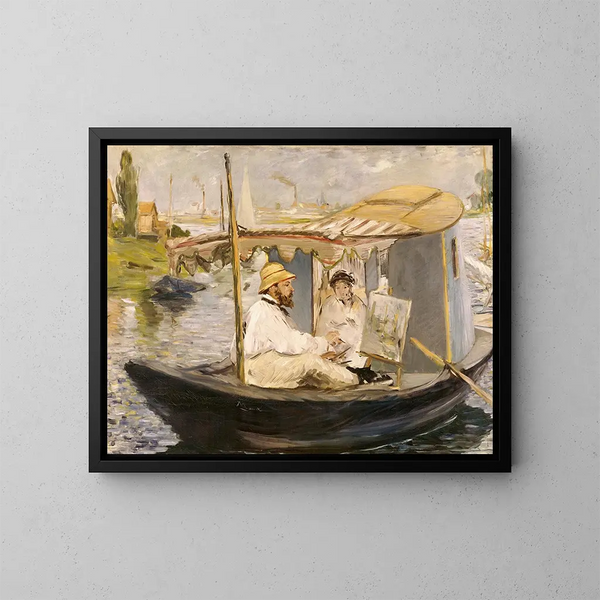 Claude Monet, der maler i sin båd-atelier - Édouard Manet — indrammet kunstværk på væggen