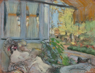 Madame Hessel læsende på terrassen ved Clos Cézanne - Édouard Vuillard — visning af kunstværket