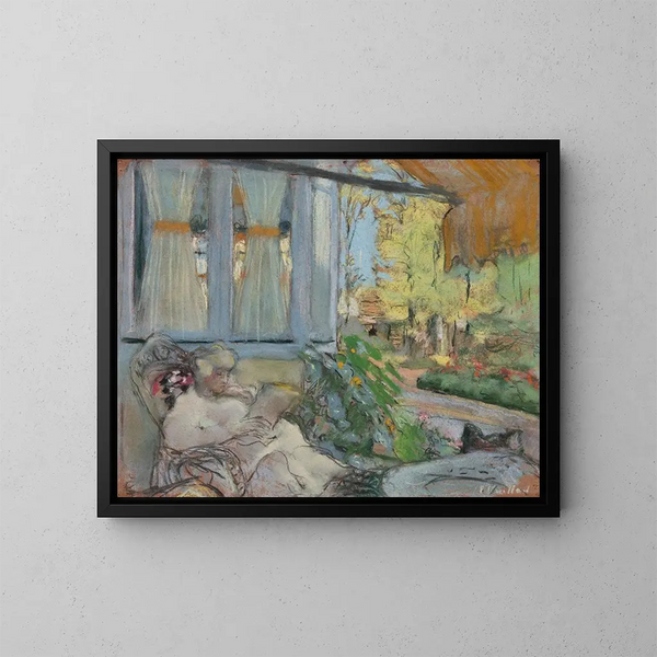 Madame Hessel læsende på terrassen ved Clos Cézanne - Édouard Vuillard — indrammet kunstværk på væggen