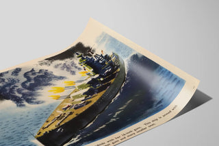 Plakat af skib H.M.S. Nelson i aktion med 16-tommer kanoner — visning af kunstværket