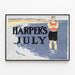 Vintage plakat Harper's juli med svømmer på havbaggrund — indrammet kunstværk på væggen