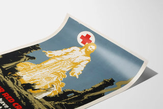 Vintage plakat af Røde Kors-redningsarbejde med kristuslignende figur
