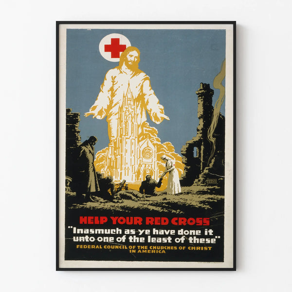 Vintage plakat af Røde Kors-redningsarbejde med kristuslignende figur