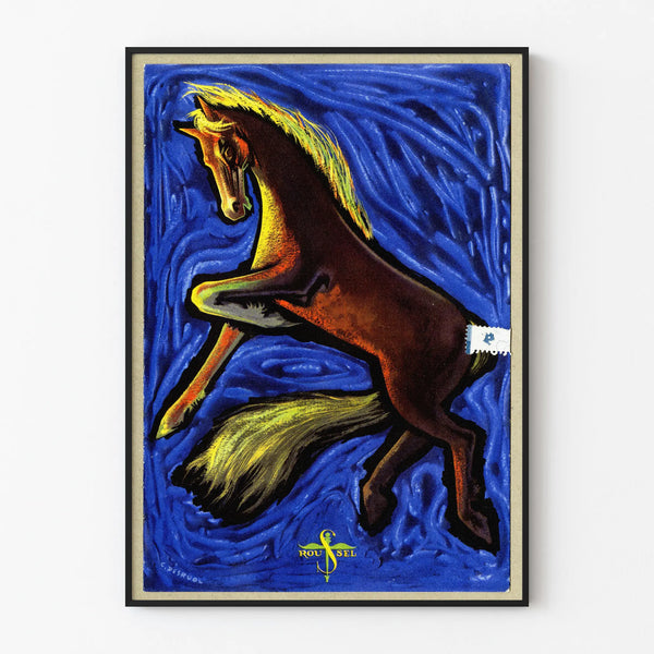 Vintage plakat af galopperende hest med intens blå baggrund