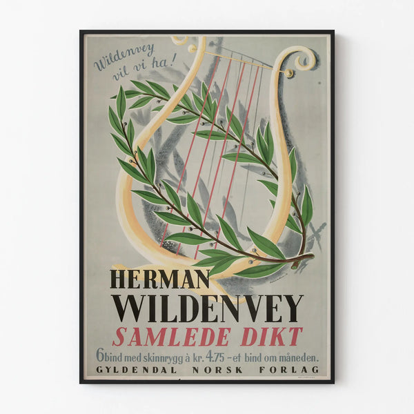 Vægdekoration plakat med lyre og laurbær Herman Wildenvey
