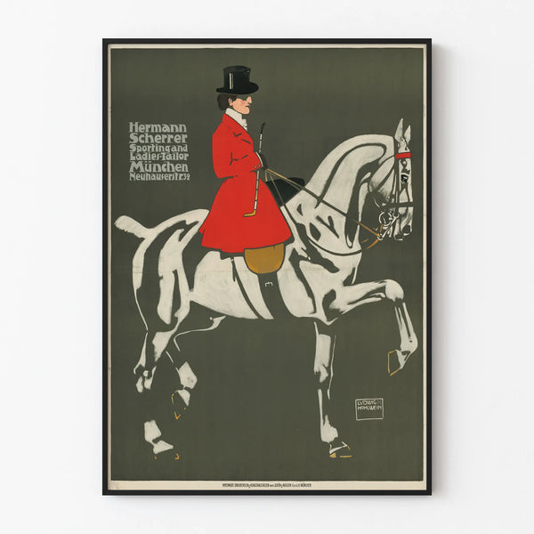 Vintage plakat af hest og rytter i rød frakke
