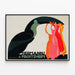 Vintage plakat Hermanns & Froitzheim med toucan og livlige farver — indrammet kunstværk på væggen