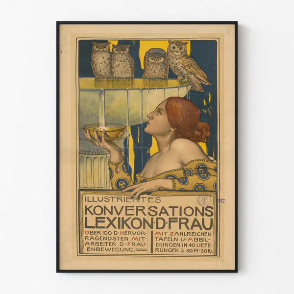Vintage kunstplakat med kvinde og ugler til vægdekoration