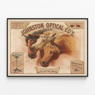 Plakat Vintage Johnston Optical Co's - retro vægdekoration med heste og optiske instrumenter — indrammet kunstværk på væggen