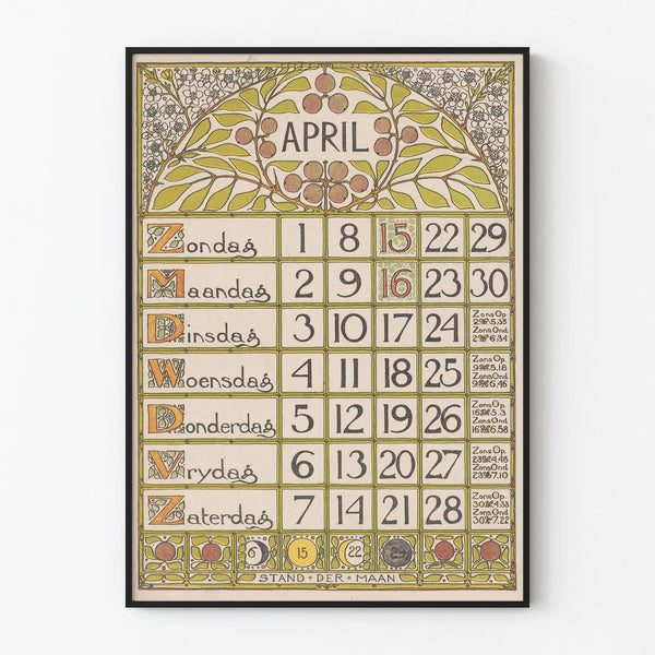 Vintage vægdekoration med kunstnerisk kalender for april 1900