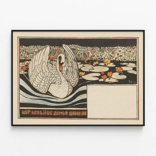 Dekorativ vintage plakat Le Cygne sur l'étang fleuri — indrammet kunstværk på væggen