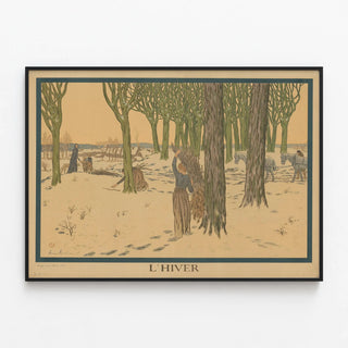 Dekorativ vintage plakat L'Hiver – Skoleillustration — indrammet kunstværk på væggen