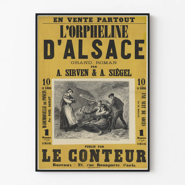 Gammel plakat L'Orpheline d'Alsace Roman illustreret af A. Sirven & A. Siégel