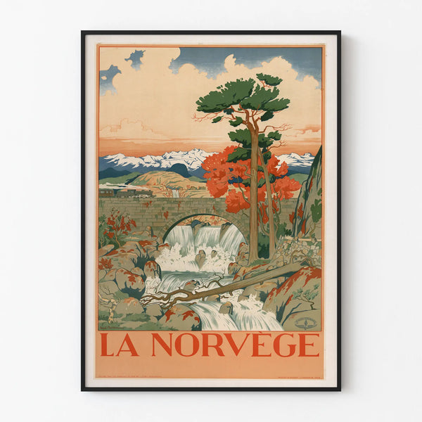 Vintage vægdekoration plakat Norge vandfald og tog