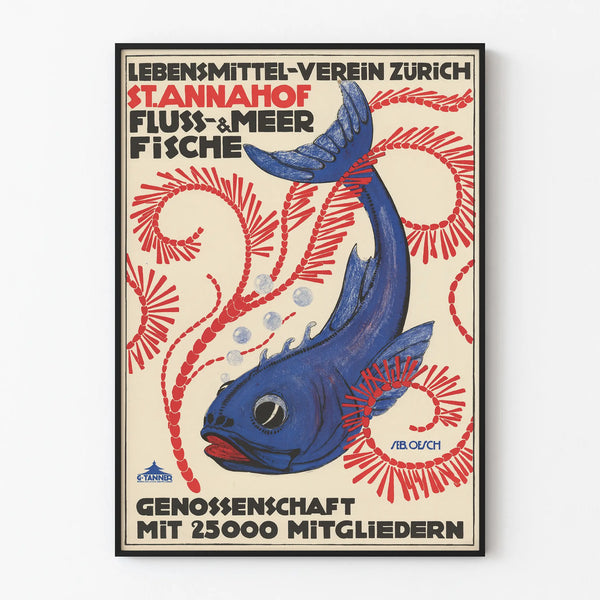 Vintage plakat med blå fisk og røde tang vægdekoration