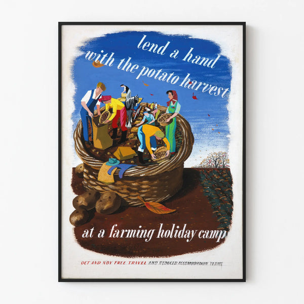 Vintage plakat af gårdsplads med høst af kartofler