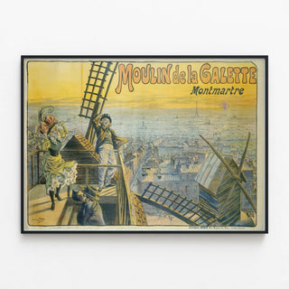 Plakat Vintage Moulin de la Galette Montmartre – Parisiske vægdekoration — indrammet kunstværk på væggen