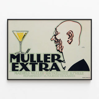 Plakat vintage Muller Extra til vægdekoration — indrammet kunstværk på væggen