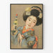 Dekorativ plakat af kvinde i blå kimono med sake-flaske