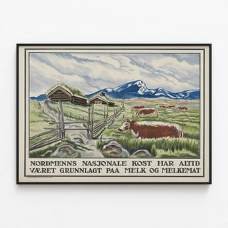 Plakat dekorativ ko og skandinavisk landskab vintage — indrammet kunstværk på væggen