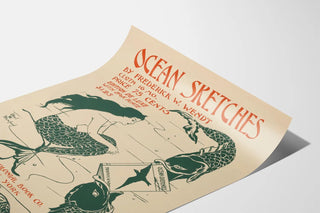 Vintage plakat Ocean Sketches - Illustration af havfrue og fisk