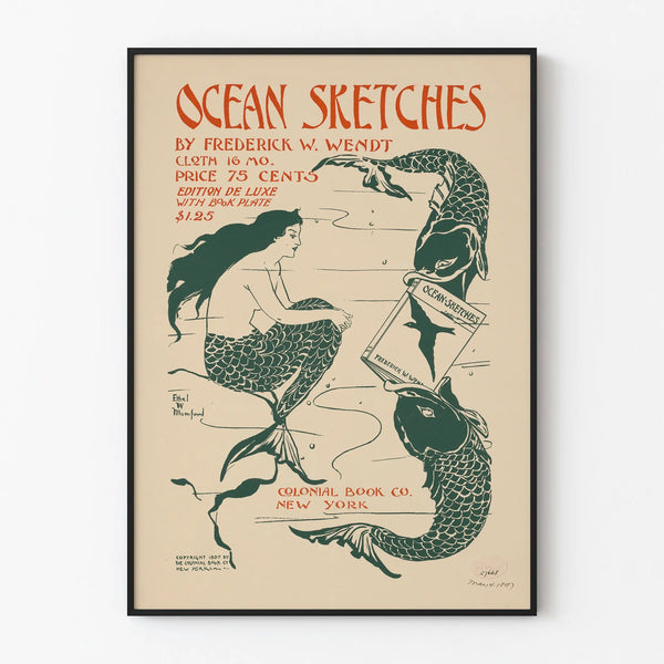 Vintage plakat Ocean Sketches - Illustration af havfrue og fisk