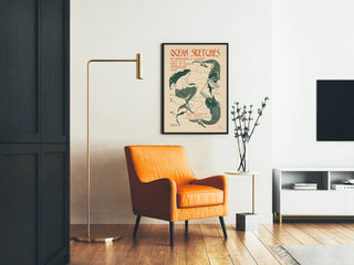 Vintage plakat Ocean Sketches - Illustration af havfrue og fisk