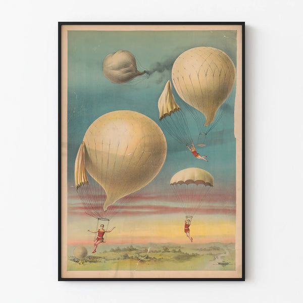 Vintage plakat med faldskærmsudspring og luftballoner