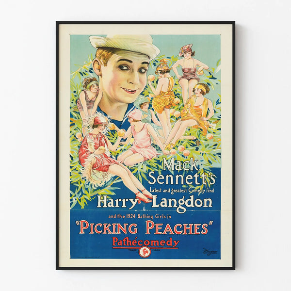 Vintage plakat med Picking Peaches med Harry Langdon og badende kvinder fra 1920'erne