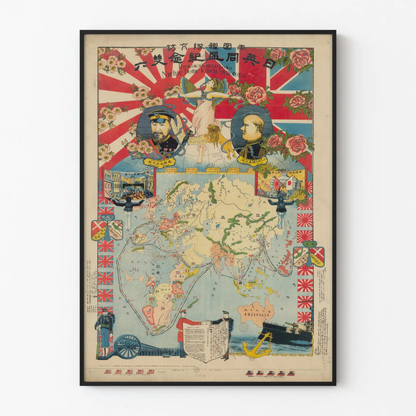 Antik plakat med allegorisk verdensatlas Japan-UK flådealliance