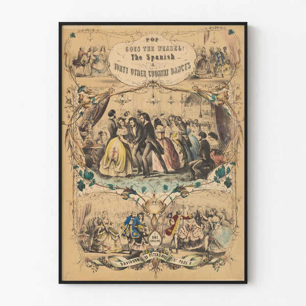 Vintage plakat med traditionel dans, Pop Goes The Weasel, og andre landlige danse