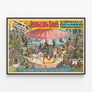 Dekorativ plakat Ringling Bros speciel til børn – Aber og karrusel vintage — indrammet kunstværk på væggen