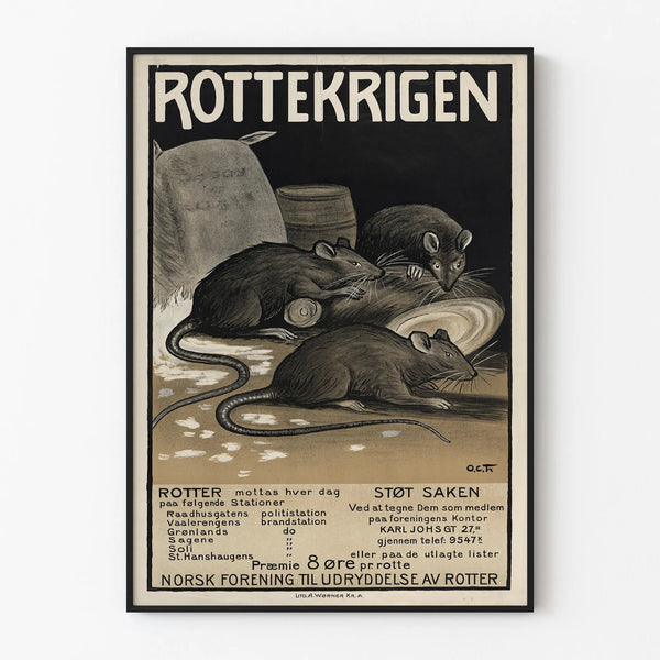 Vintage norsk plakat Rottekrigen - Original vægdekoration med rotter