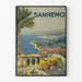 Vintage plakat af Sanremo med panoramisk udsigt og blomster