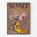 Vintage solnedgang plakat - Ung pige i kimono med japanske flag