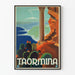Vintage plakat af Taormina med udsigt over Etna og middelhavsdekoration