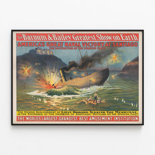 Plakat vintage Amerikas store flådessejr i Santiago - maritim vægdekoration — indrammet kunstværk på væggen