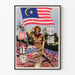 Malaysisk propagandaplakats med figur, der hilser, og konfliktscene