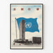 Plakat af De Forenede Nationers Kontor med blå flag og tekst på asiatiske tegn