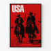 Dekorativ plakat med amerikanske cowboys i sort silhuet på rød baggrund